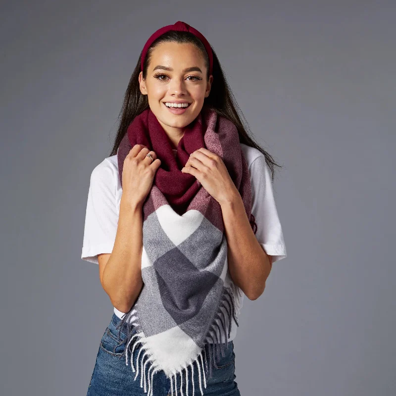 Fringe Plaid Blanket Scarf Burgundy & Grey | Soft Classic Shawl Wrap | 57" x 57" Warm Cashmere Shawl Cape