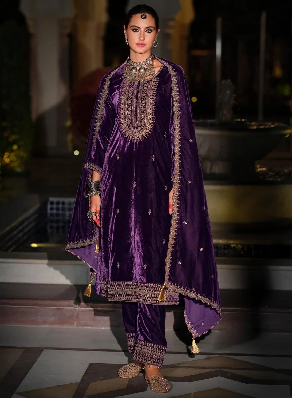 Women Party Wear Unstitched Winter Velvet Suit Dress Material with Embroidery Tunics Sophisticated sleek