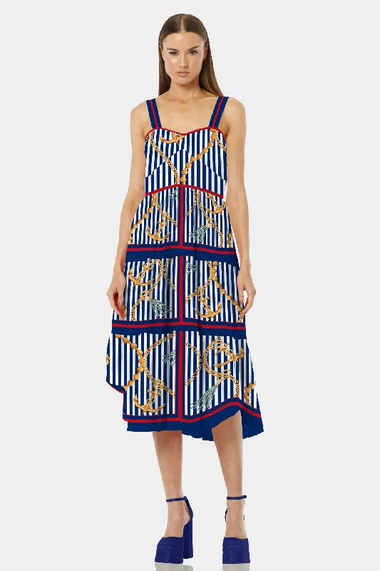 Nautical Stripes Midi Sun Dresses Women Square Neckline Feminine