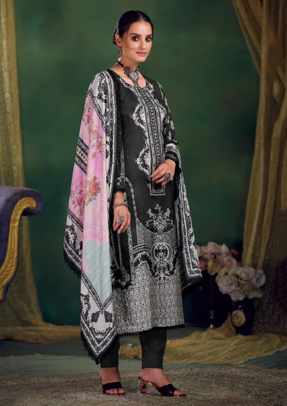 Unstitched Pakistani Print Black Pashmina Winter Suit Dress Material Tunics Silk luxurious