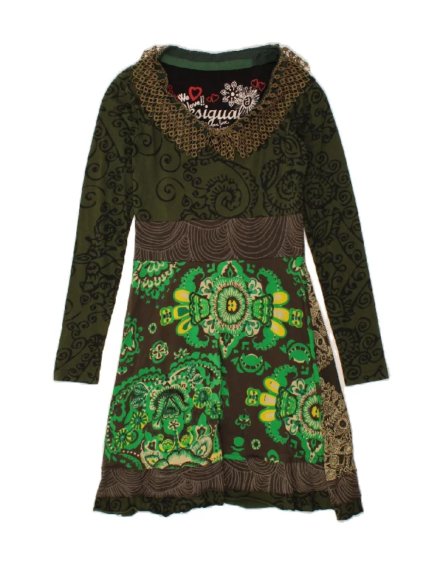 DESIGUAL Womens Graphic Long Sleeve A-Line Dress UK 10 Small Green Paisley Tunics Hiking breathable