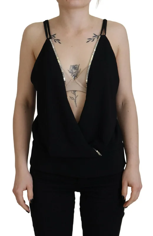 Black Embellished Deep V-neck Sleeveless Tank Top vibrant tank top