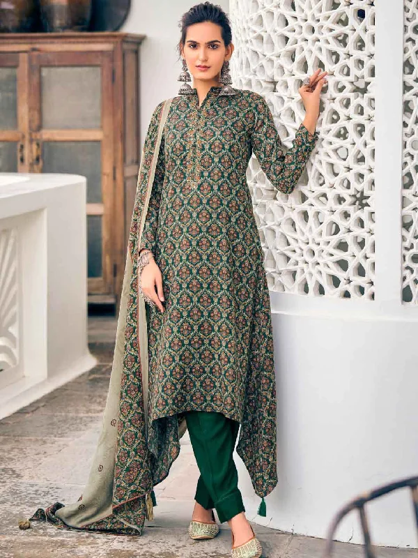 Green Unstitched Pashmina Embroidered Winter Suit Dress Material Tunics Custom made