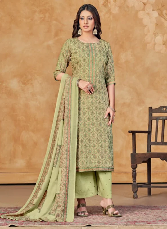 Rivaa Green Printed Pashmina Unstitched Winter Salwar Suit Dress Material Crew Neckline Sporty