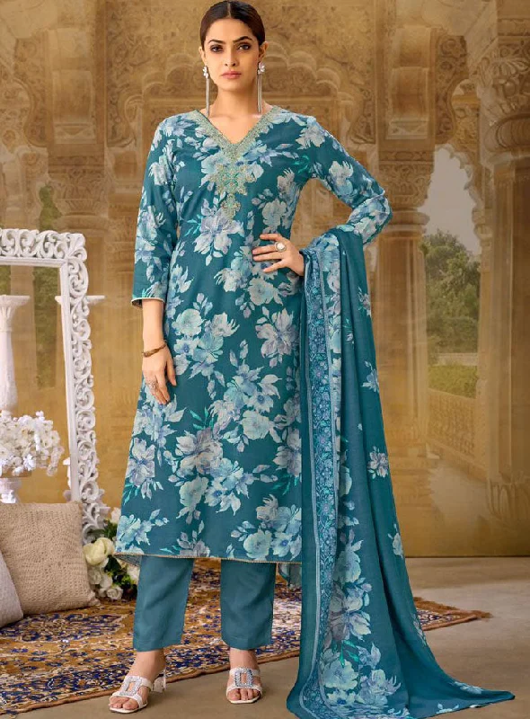 Blue Unstitched Pashmina Winter Suit Dress Material Printed with Embroidery Tunics Sophisticated sleek