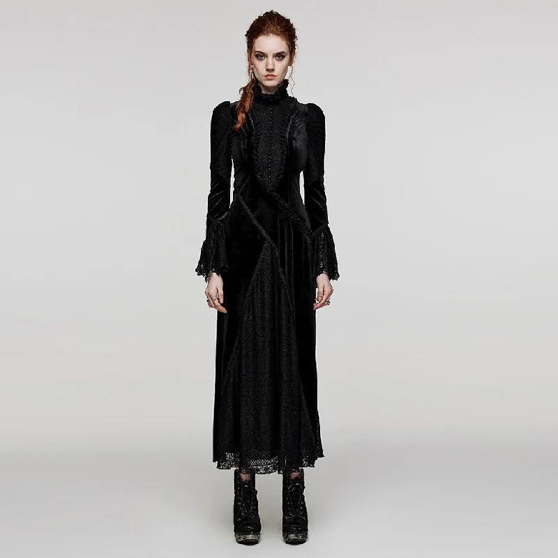 Ruffled Standing Collar With Flared Sleeves Elastic Velvet And Lace Gothic Daily Dress Tunics Favorite customer