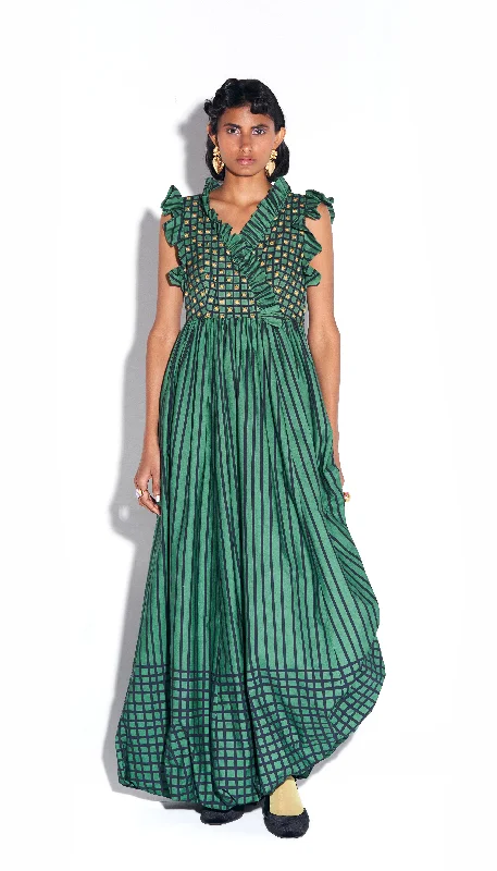 Fuzzy hug - Green Stripe Ruffle Dress Elegant Long Evening