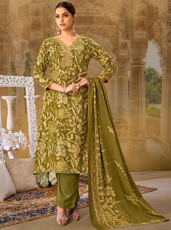 Green Unstitched Pashmina Winter Suit Dress Material Printed with Embroidery Tunics Stylish elegant