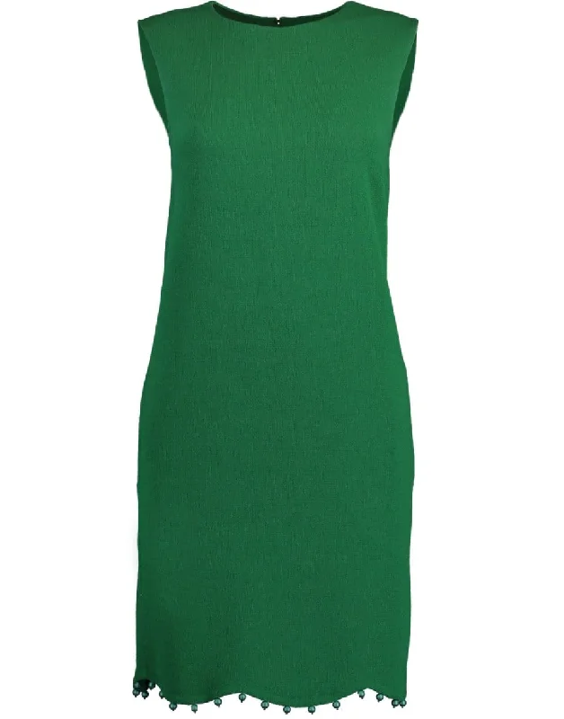 Hunter Green Ball Trim Sleeveless Shift Dress Maxi Flowy Bohemian