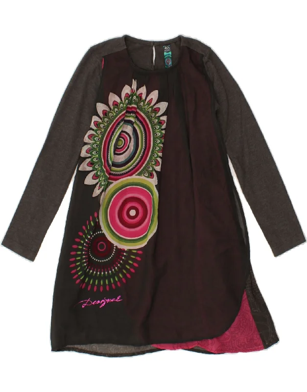 DESIGUAL Girls Graphic Long Sleeve A-Line Dress 7-8 Years Grey Colourblock Tunics Print Colorful