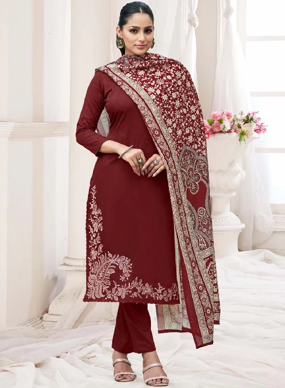 Maroon Unstitched Woolen Pashmina Winter Suit Dress Material with Embroidery Tunics Corduroy durable