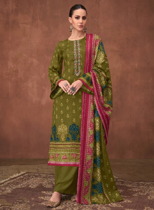 Green Unstitched Pashmina Winter Suit Dress Material for Women Tunics Spring floral