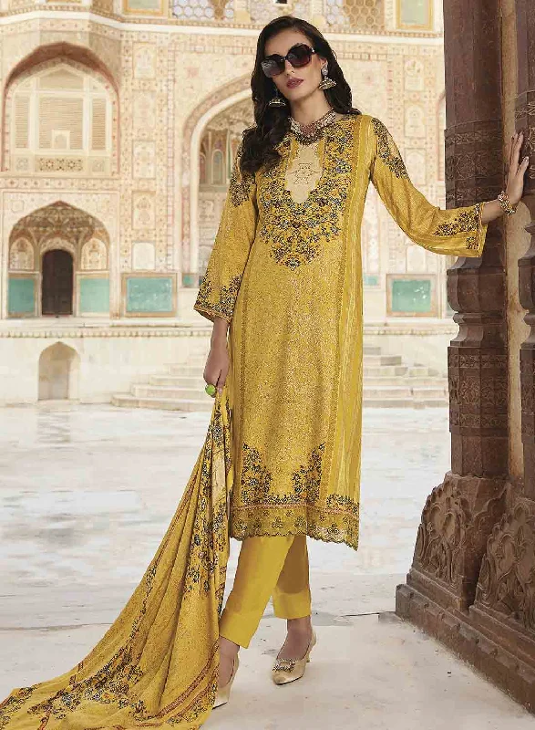 Yellow Pure Pashmina Unstitched Winter Suit Dress Material for Women Pencil Office Professional