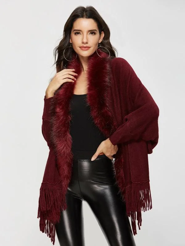 Women's Fur Collar Shawl Wool Coat Cozy Chunky Knit Shawl