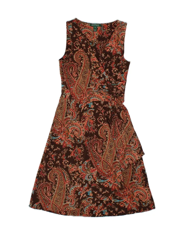 RALPH LAUREN Womens Sleeveless A-Line Dress UK 6 XS Brown Paisley Tunics Trendy modern