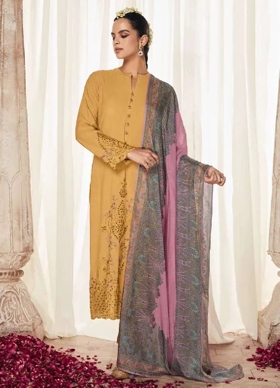 Kimora Pure Pashmina Yellow Winter Suit Dress Material with Embroidery Tunics Mesh breathable