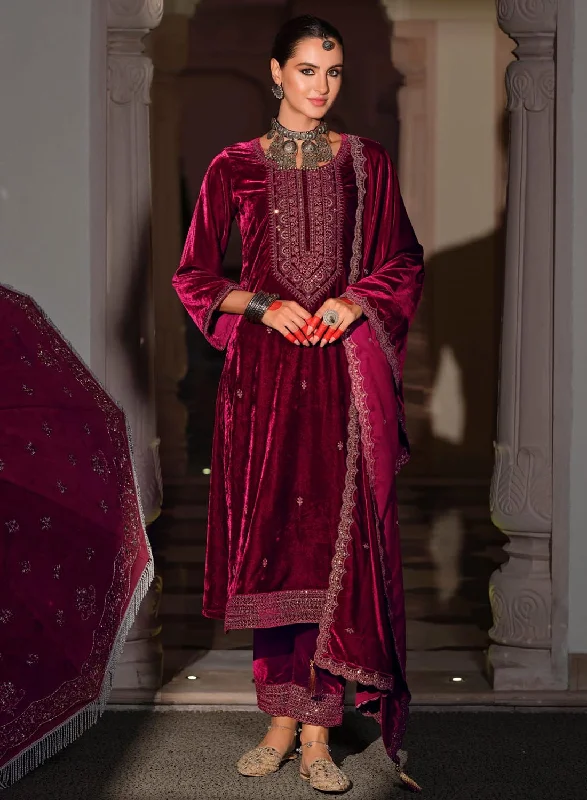 Party Wear Unstitched Winter Velvet Suit Dress Material with Heavy Embroidery Tunics Trendy modern