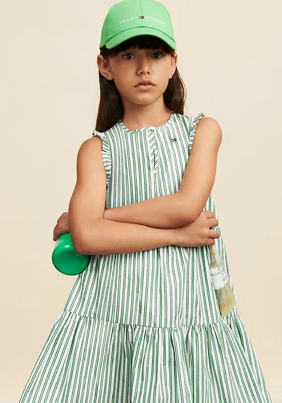 Tommy Hilfiger Girl Sleeveless Striped Ruffle Dress, Green Tunics Modern contemporary