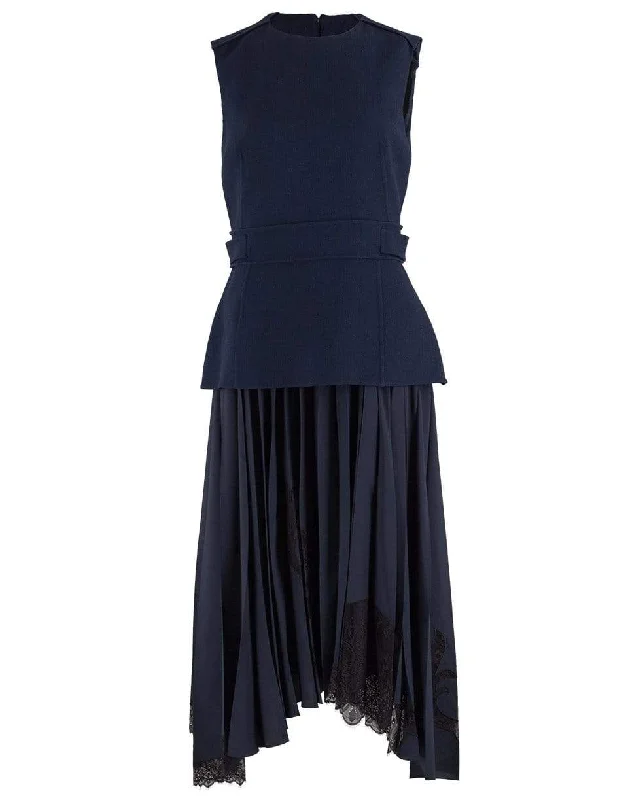 Navy Fitted Top and Silk Lace Insert Skirt Dress Tunics Versatile all-occasion