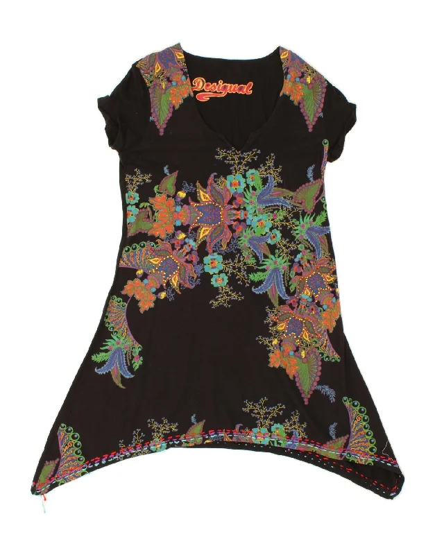 DESIGUAL Womens Tunic Dress UK 14 Large Black Floral Cotton Tunics Versatile all-occasion