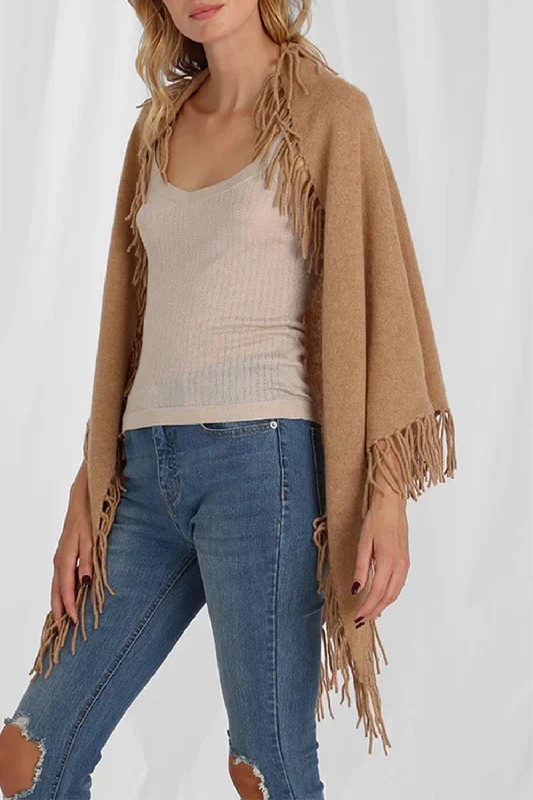 Fringe Shawl - Camel Trendy Chunky Knit Shawl