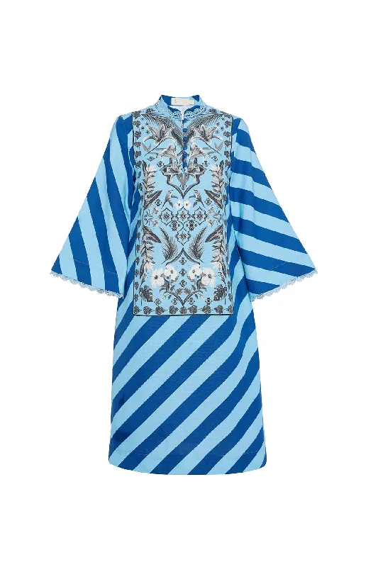 Azulejos Midi Kaftan Dress in Cornflower Palm Crew Neckline Casual