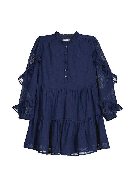 Mayoral Older Girl Frill Sleeve Dress, Navy Tunics Ceremony elegant