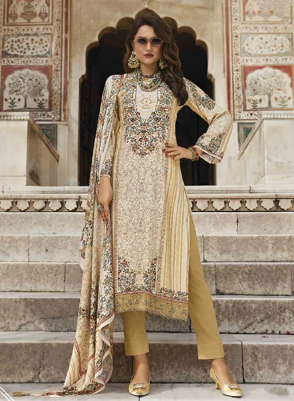 Beige Pure Pashmina Unstitched Winter Suit Dress Material for Women A-Line Day Work