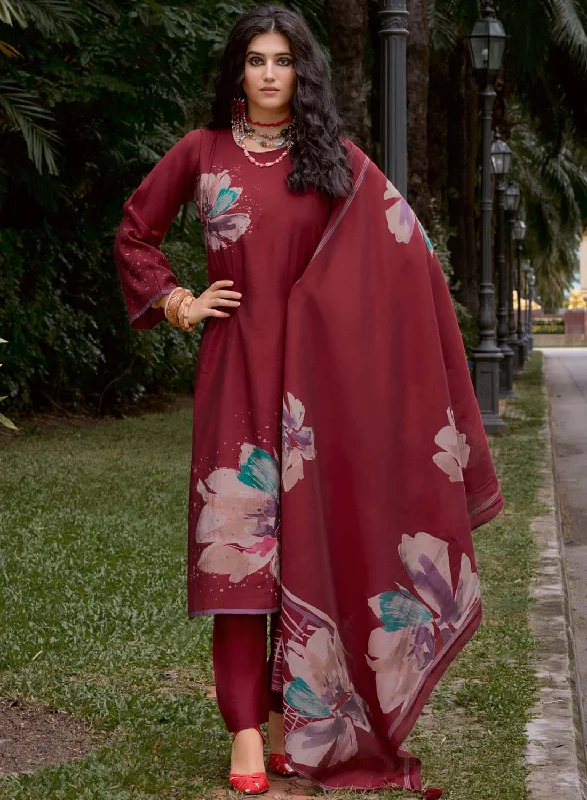 Red Unstitched Pashmina Winter Suit Dress Material with Fancy Embroidery Tunics Evening elegant