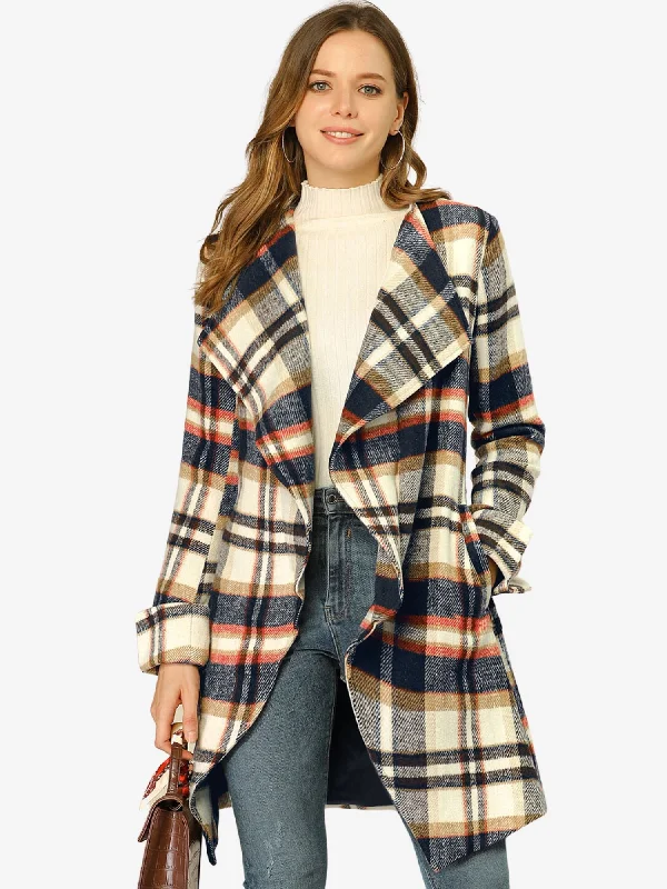 Belted Wrap Outerwear Shawl Collar Asymmetric Hem Plaid Coat Elegant Lace Shawl Wrap