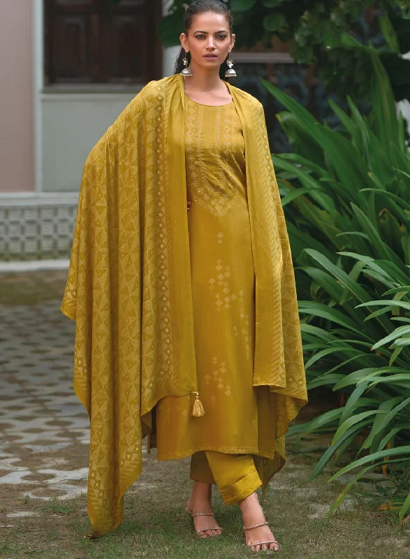 Mustard Pure Pashmina Unstitched Winter Suit Dress Material for Women Tunics Trousers formal