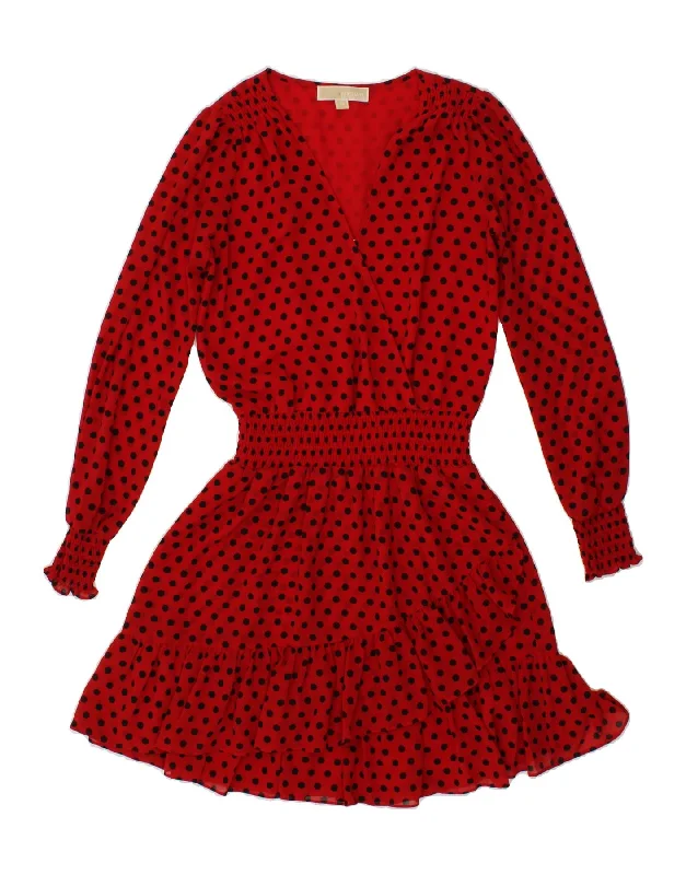 MICHAEL KORS Womens Long Sleeve A-Line Dress UK 6 XS Red Polka Dot Floral Print girly