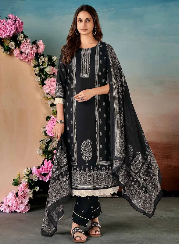 Rivaa Unstitched Black Pashmina Winter Suit Dress Material for Women Floral Print girly