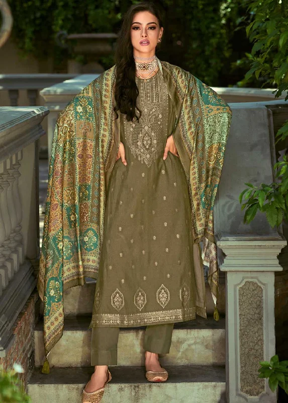 Pure Pashmina Jacquard Green Winter Suit Dress Material for Ladies Tunics Polka dots