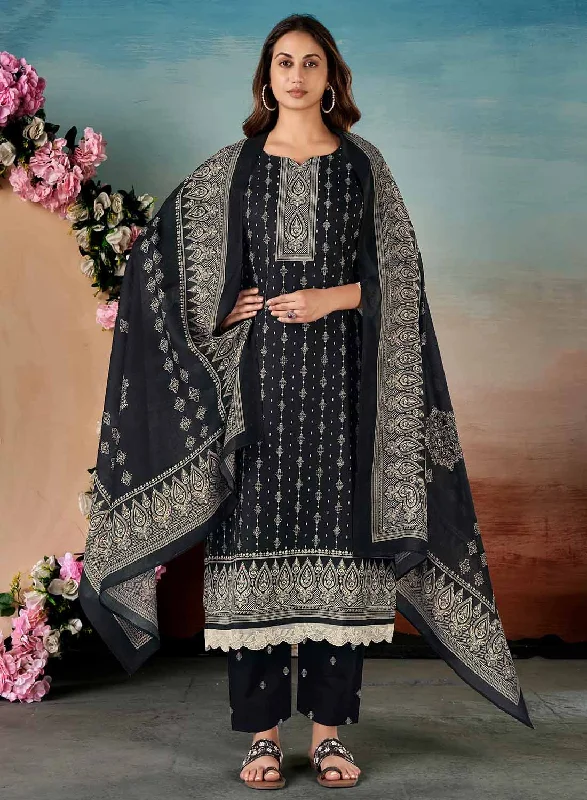 Black Unstitched Pashmina Winter Suit Dress Material with Lace Work Elegant Long Evening