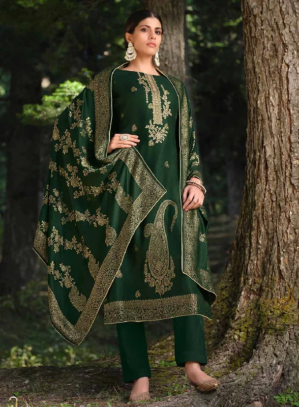 Belliza Green Pashmina Jacquard Unstitched Winter Suit Dress Material Tunics Business professional