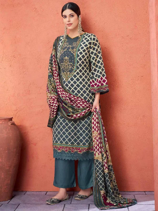 Printed Grey Unstitched Pashmina Winter Suit Dress Material for Women Tunics Evening elegant