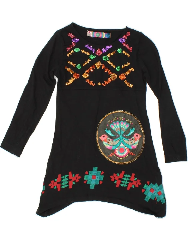 DESIGUAL Girls Graphic Long Sleeve Tunic Dress 7-8 Years Black Geometric Tunics Plaid country