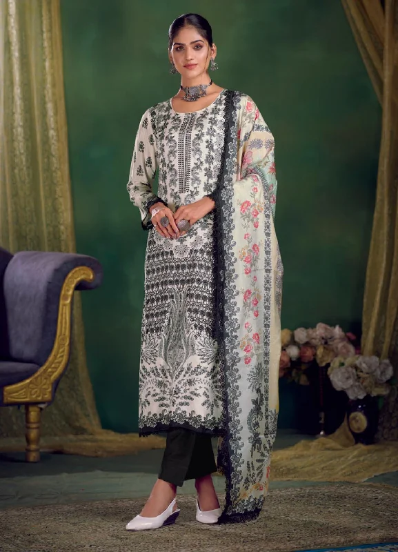 Unstitched Pakistani Print White Winter Suit Dress Material for Women Tunics Satin smooth