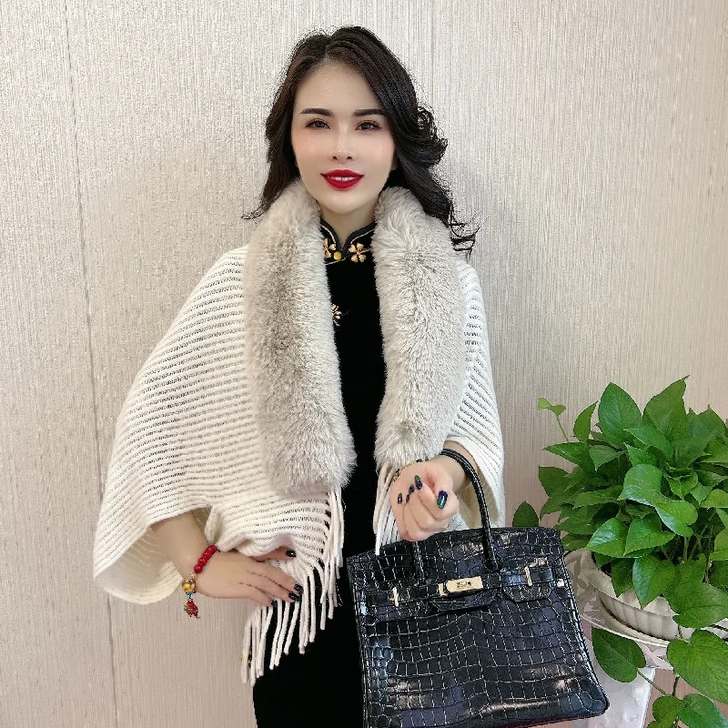 Women's Scarf Knitted Fur Collar Shawl Tassel Soft Knit Shawl Poncho