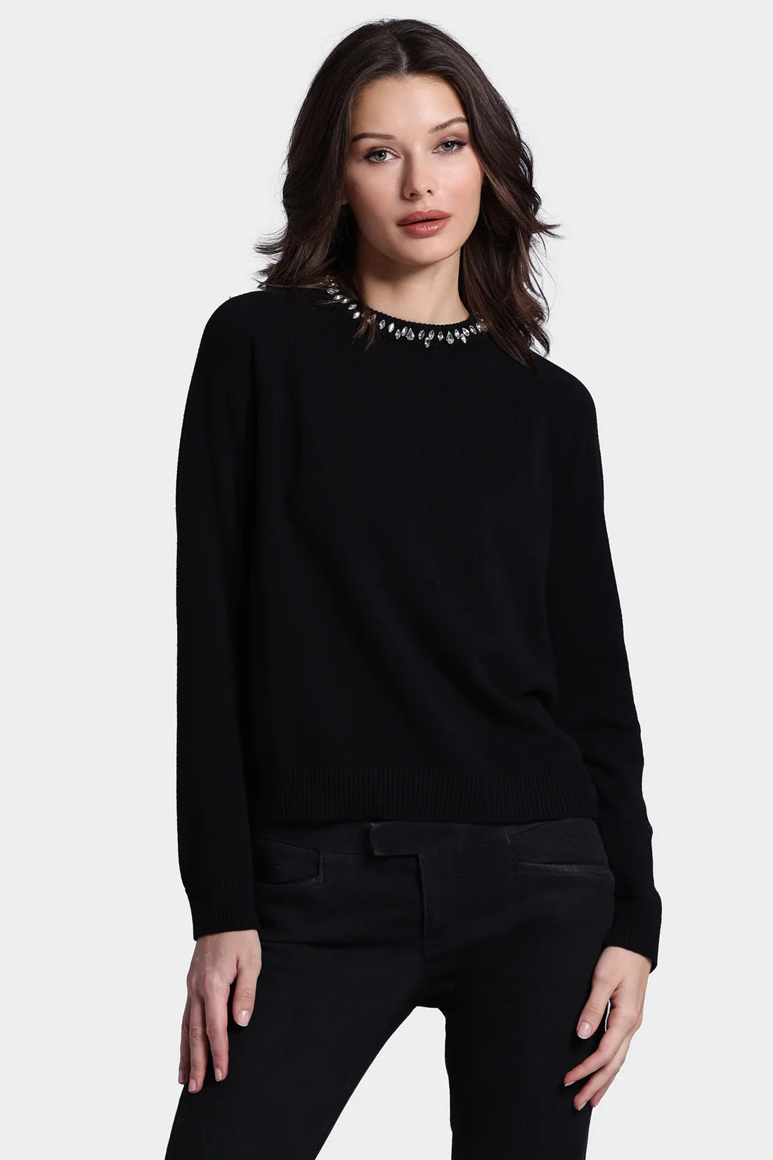 BLACK COTTON CASHMERE JEWEL NECK SWEATER Open Front Closed Front Wrap Front