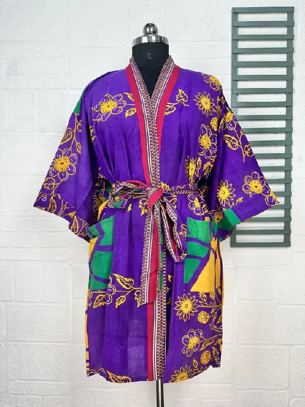 Recycled Pure Cotton Vintage Kimono Open Jacket Boho Summer TieDye House Robe, Beach Coverup | Purple Yellow Floral Style Print Oversized Jacket Tailored Jacket Straight Jacket