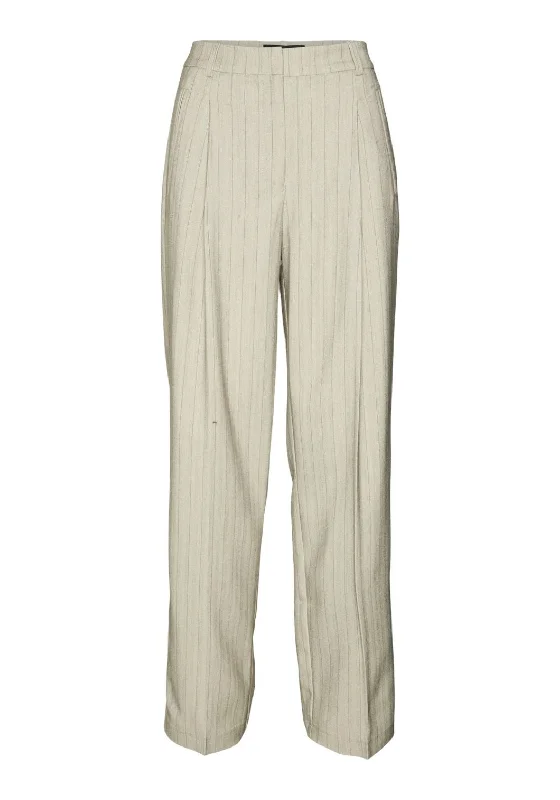 Vero Moda Eli Herringbone Straight Leg Trousers, Beige Trousers Low Rise Relaxed