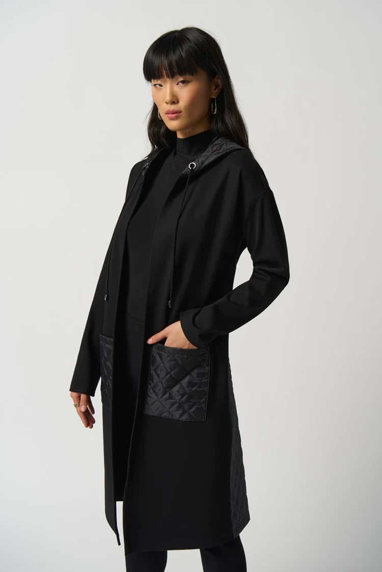 Women's Joseph Ribkoff | Quilted Hooded Long Jacket | Black Tailored Jacket Straight Jacket A-Line Jacket Women's Joseph Ribkoff | Quilted Hooded Long Jacket | Black Tailored Jacket Straight Jacket A-Line Jacket