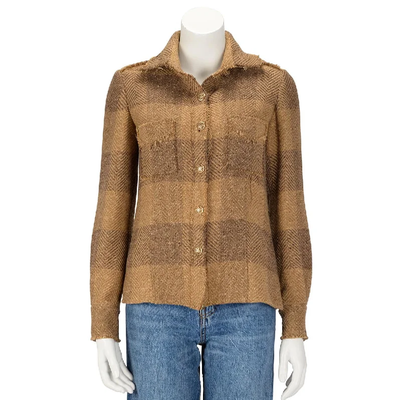 Chanel Brown Chevron Tweed Shirt Jacket FR 34 Toggled Jacket Drawstring Jacket Belted Jacket