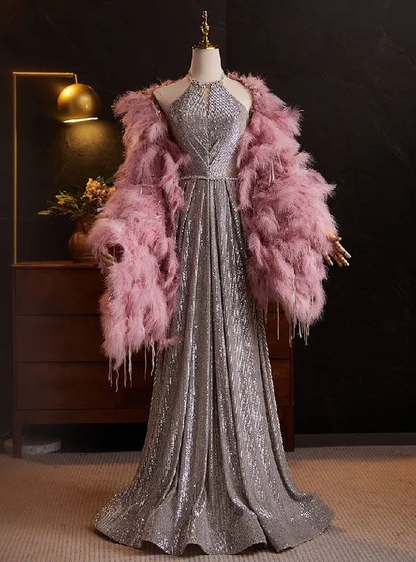 Silver Sequins Halter Beading Prom Dress With Feather Shawl Comfortable Silk Shawl