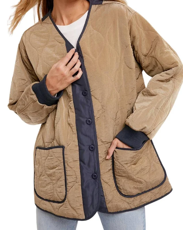 Lightweight Quilted Button Front Jacket In Brown Hoodie Zip-Up Jacket Button-Up Jacket