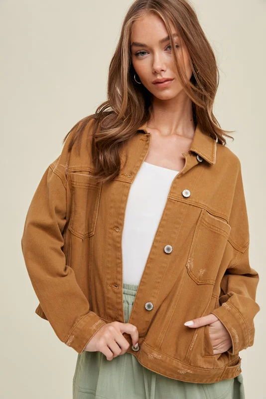 Washed Denim Jacket With Pleated Back- Camel Zippered Jacket Buttoned Jacket Snapped Jacket