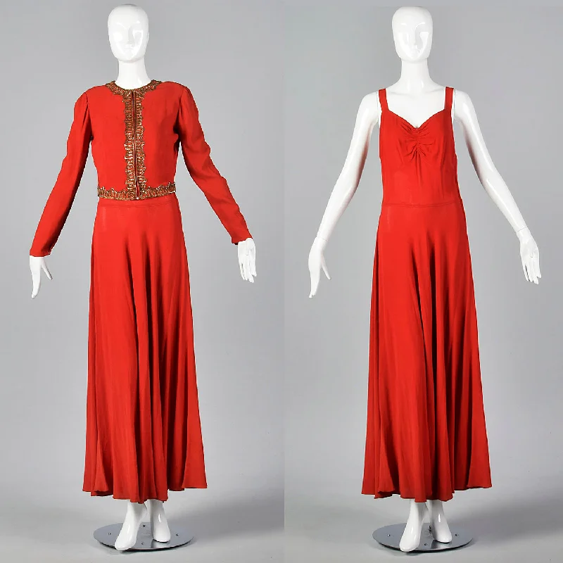 1940s Red Crepe Evening Dress & Matching Jacket with Sequin Trim Trench Coat Raincoat Waterproof Jacket