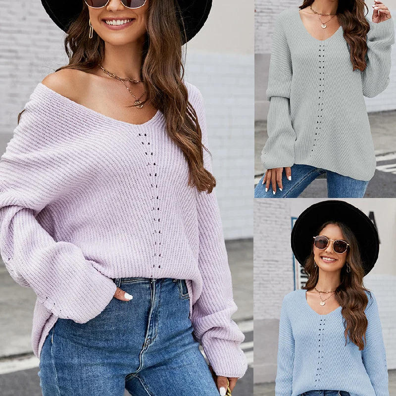 Long Sleeve Sweater With Pocket Solid Color V-neck Pullover Knitwear Women Tops Cable Knit Chunky Long Sleeve Sweater With Pocket Solid Color V-neck Pullover Knitwear Women Tops Cable Knit Chunky